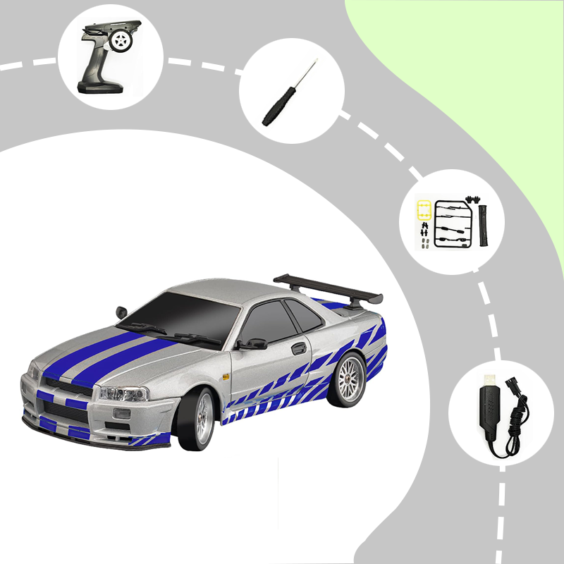 Nissan GTR R34 1/18 RWD High-Speed Drift Remote Control Car 2.4GHz with Gyro 3 Batteries