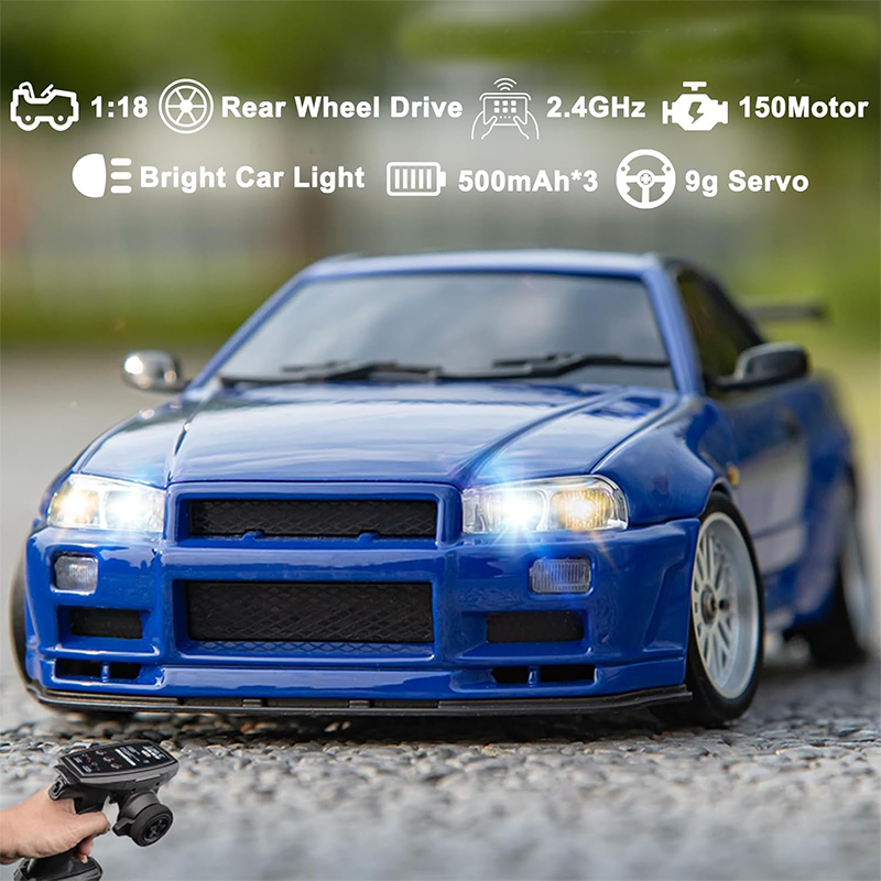 Nissan GTR R34 1/18 RWD High-Speed Drift Remote Control Car 2.4GHz with Gyro 3 Batteries