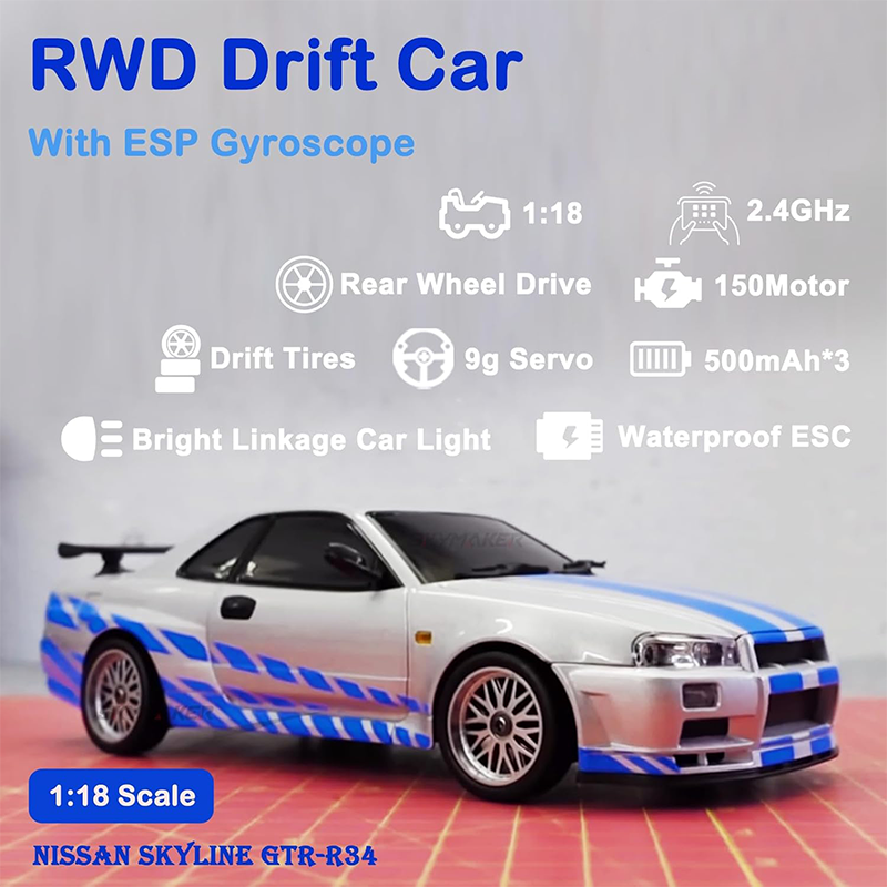 Nissan GTR R34 1/18 RWD High-Speed Drift Remote Control Car 2.4GHz with Gyro 3 Batteries