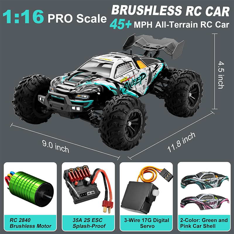 45+ MPH 4WD Brushless Waterproof Off-Road Remote Control Car 1:16