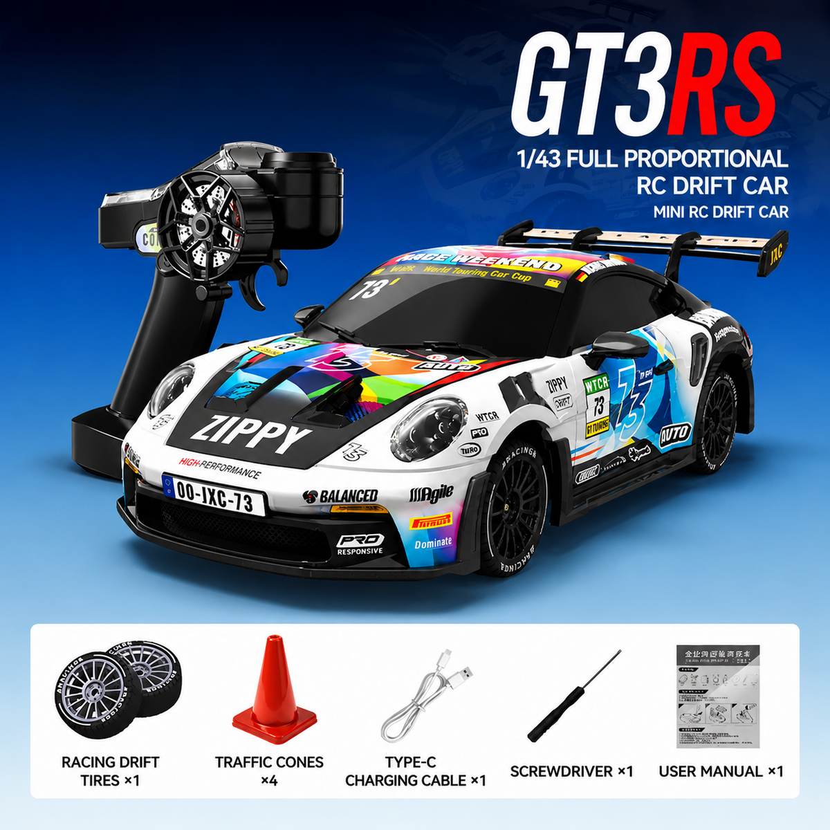 1:43 Scale RTR 4WD High-Speed GT3 RS RC Race Car - JX02