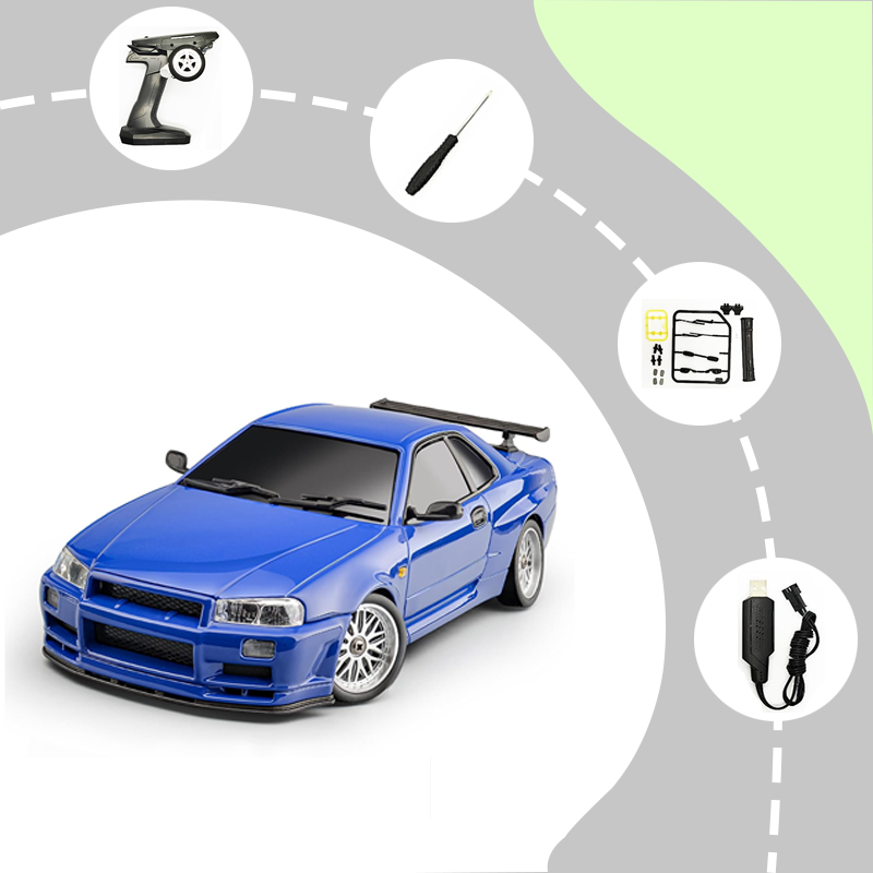 Nissan GTR R34 1/18 RWD High-Speed Drift Remote Control Car 2.4GHz with Gyro 3 Batteries