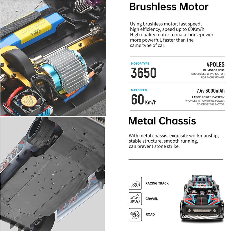 1:10 scale 3650 brushless metal chassis remote control racing car, 60 km/h - WLY4