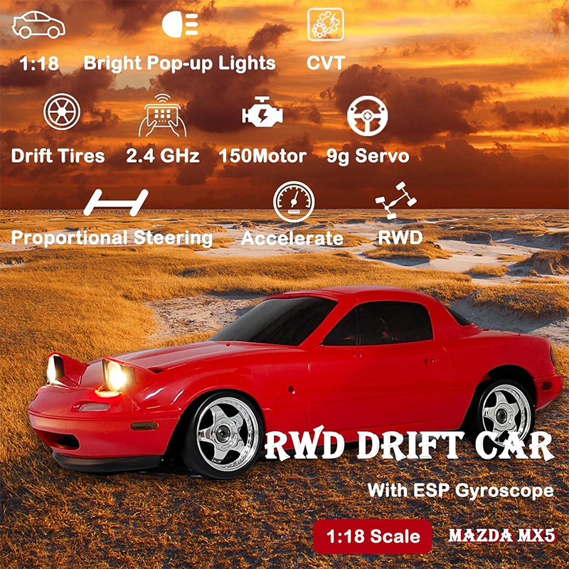 2.4GHz 1/18 scale drift racer with gyro Miata pop-up lights