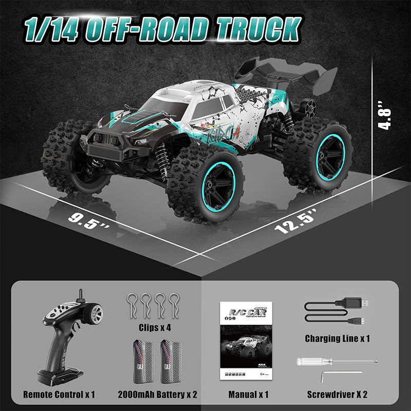 1:14 scale off-road remote control car, top speed 50 km/h, 60-minute battery life