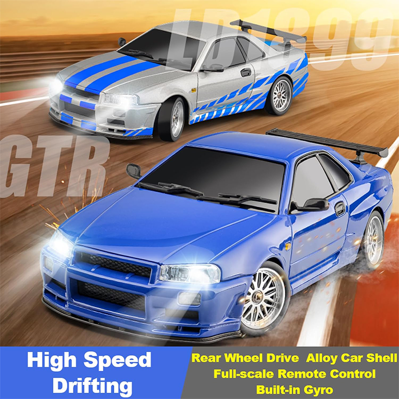 Nissan GTR R34 1/18 RWD High-Speed Drift Remote Control Car 2.4GHz with Gyro 3 Batteries